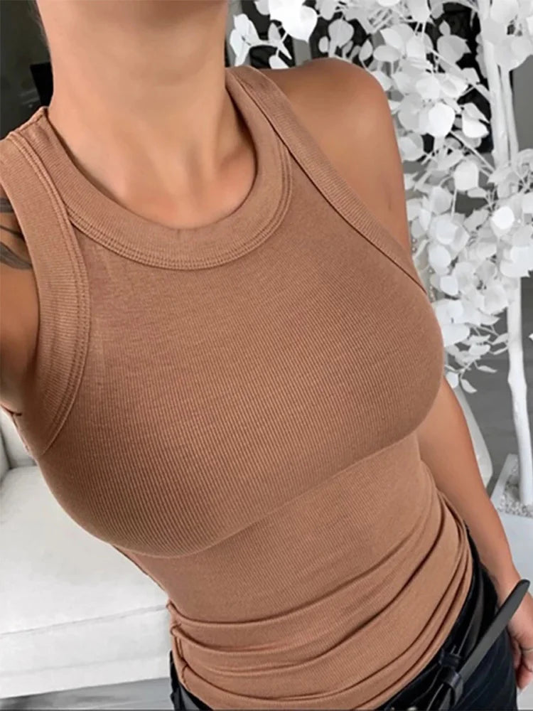 Solid Round Neck Ribbed Tank Top